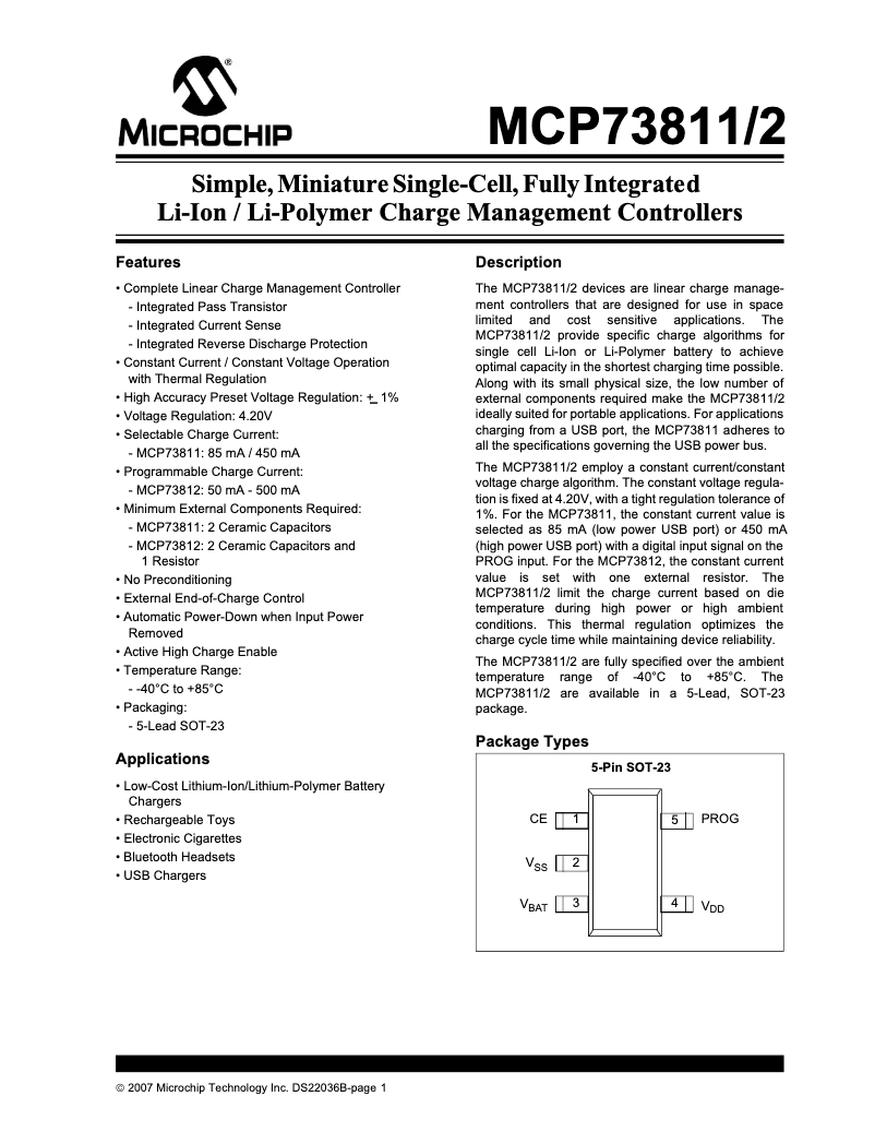 Page 1 de la notice Fiche technique Microchip MCP73812