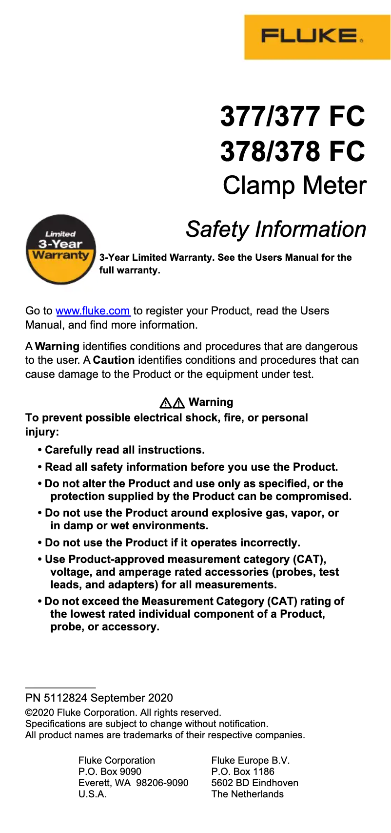 Page 1 de la notice Instructions de sécurité Fluke 378