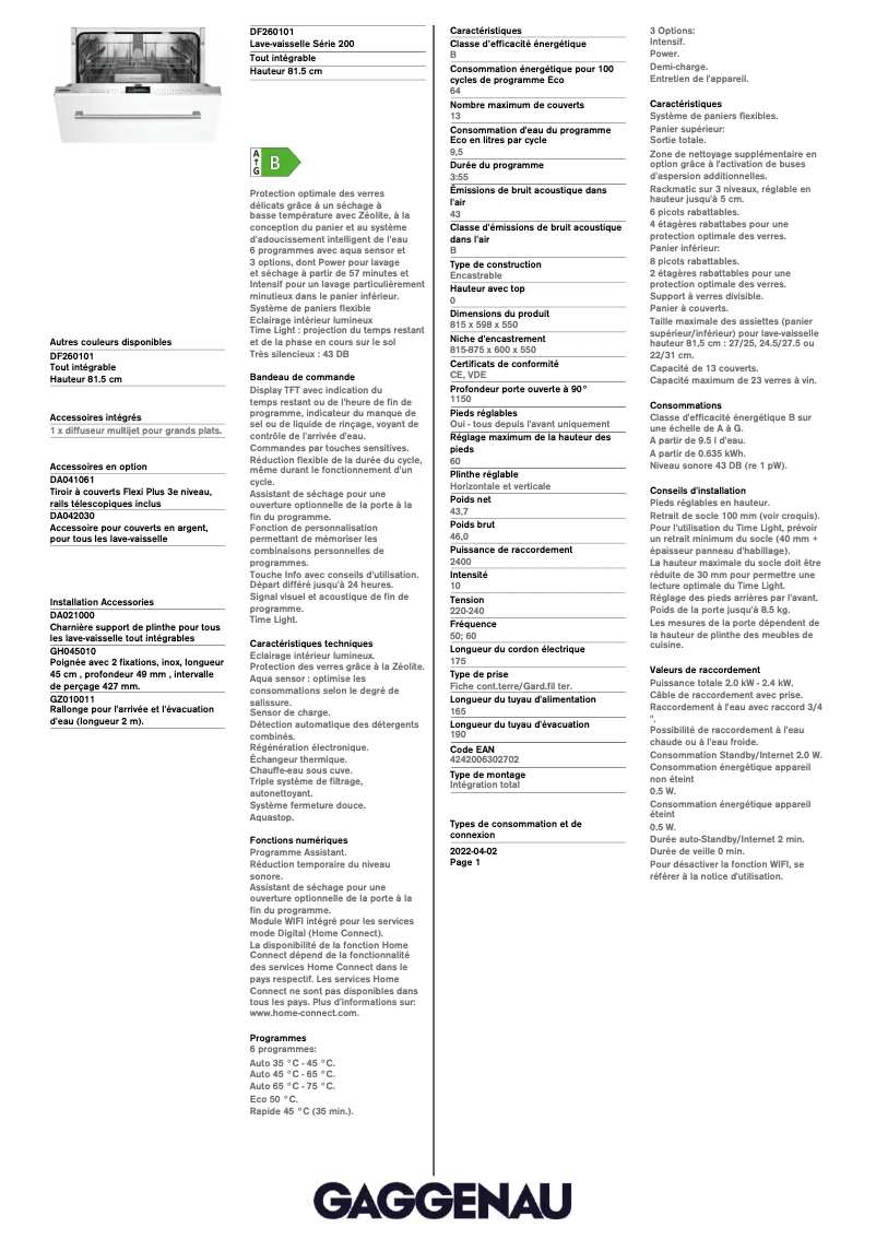 Page 1 de la notice Fiche technique Gaggenau DF260101