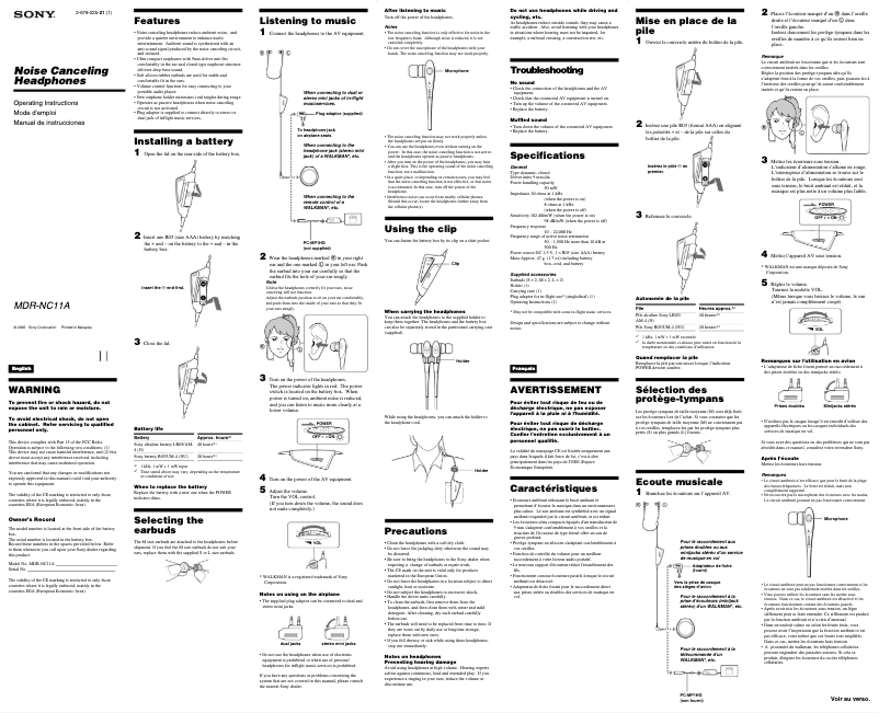 Page 1 de la notice Manuel utilisateur Sony MDR-NC11A