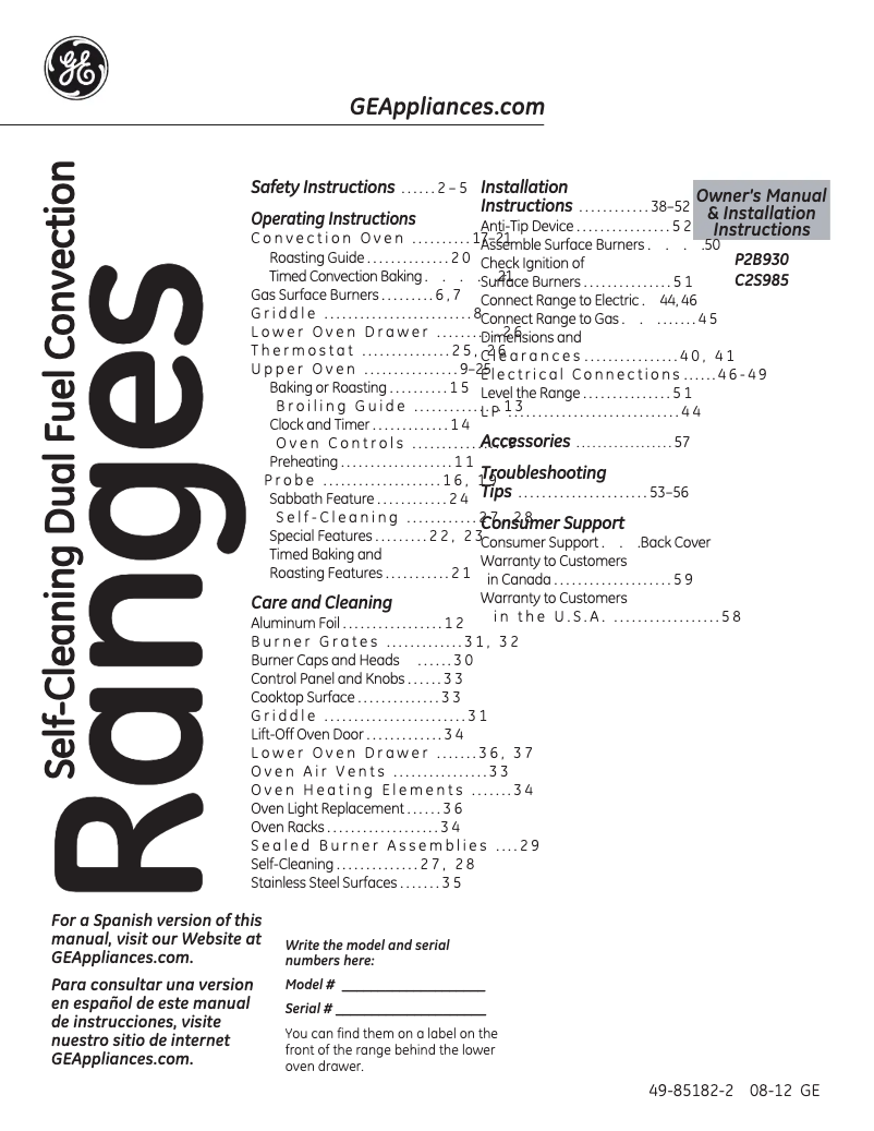 Page n°1 - Guide d'installation GE Profile P2B930DETBB