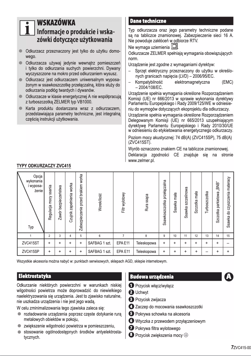 Page 1 de la notice Manuel utilisateur Zelmer Syrius ZVC415ST