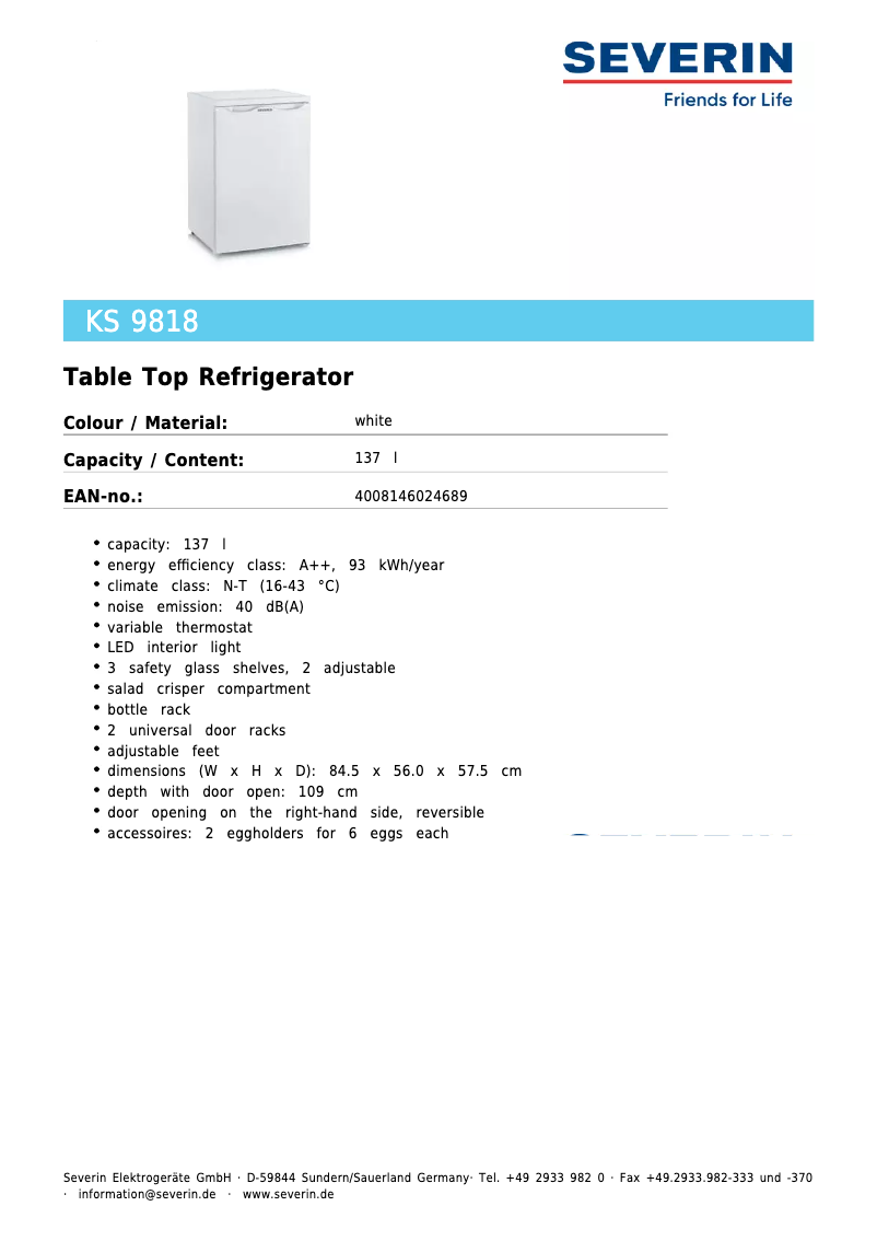 Page 1 de la notice Fiche technique Severin KS 9818