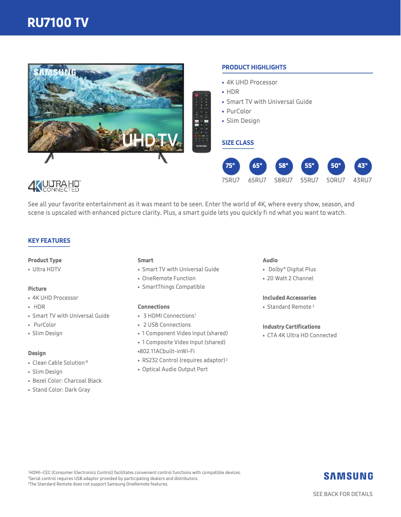 Page 1 de la notice Fiche technique Samsung UN43RU7100FXZA