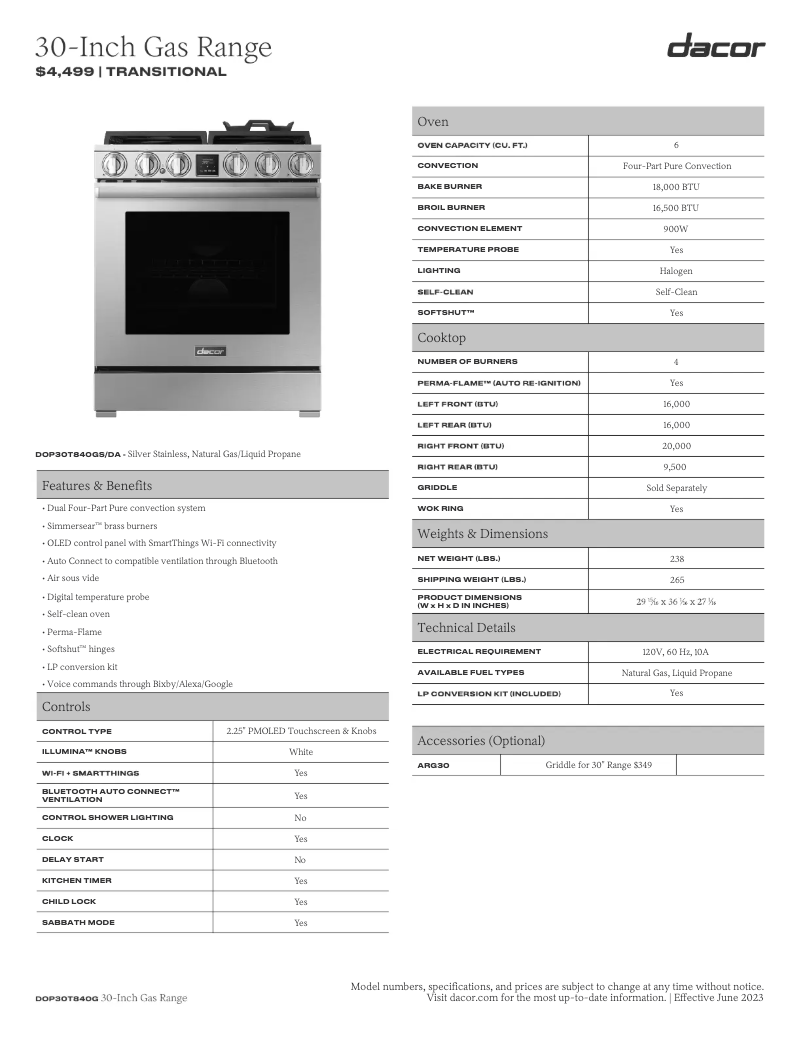 Page n°1 - Fiche technique Dacor DOP30T840GS