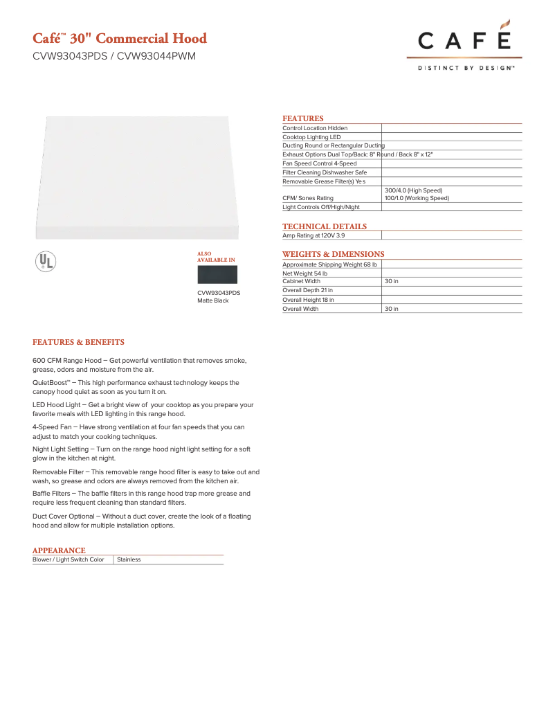 Page 1 de la notice Fiche technique GE CVW93044PWM