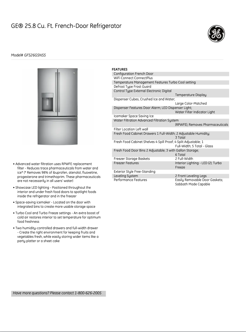 Page 1 de la notice Fiche technique GE GFS26GMNES