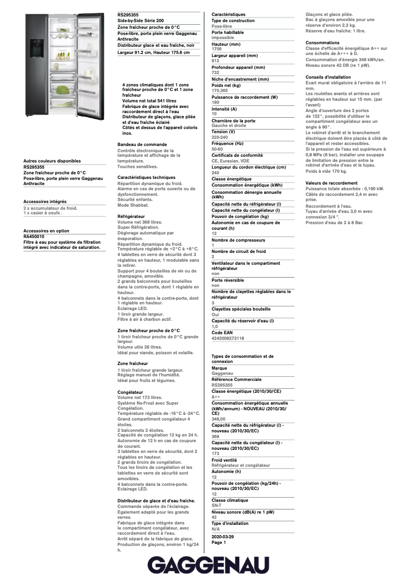 Page 1 de la notice Fiche technique Gaggenau RS295355