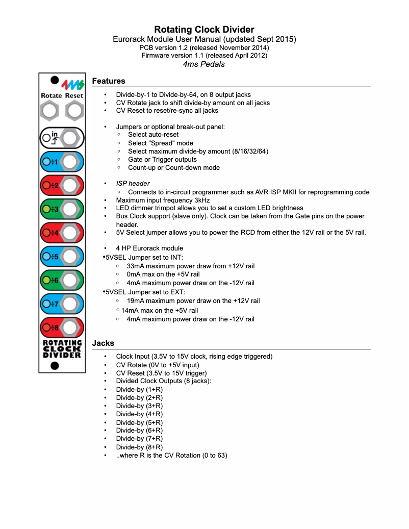 Page n°1 - Manuel utilisateur 4ms Rotating Clock Divider