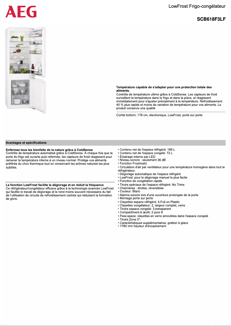 Page 1 de la notice Fiche technique AEG SCB618F3LF