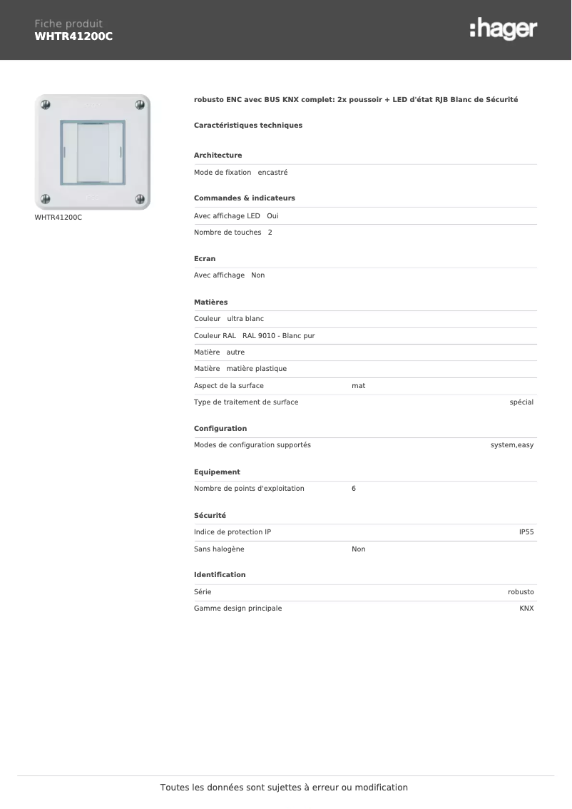 Page 1 de la notice Fiche technique Hager WHTR41200C