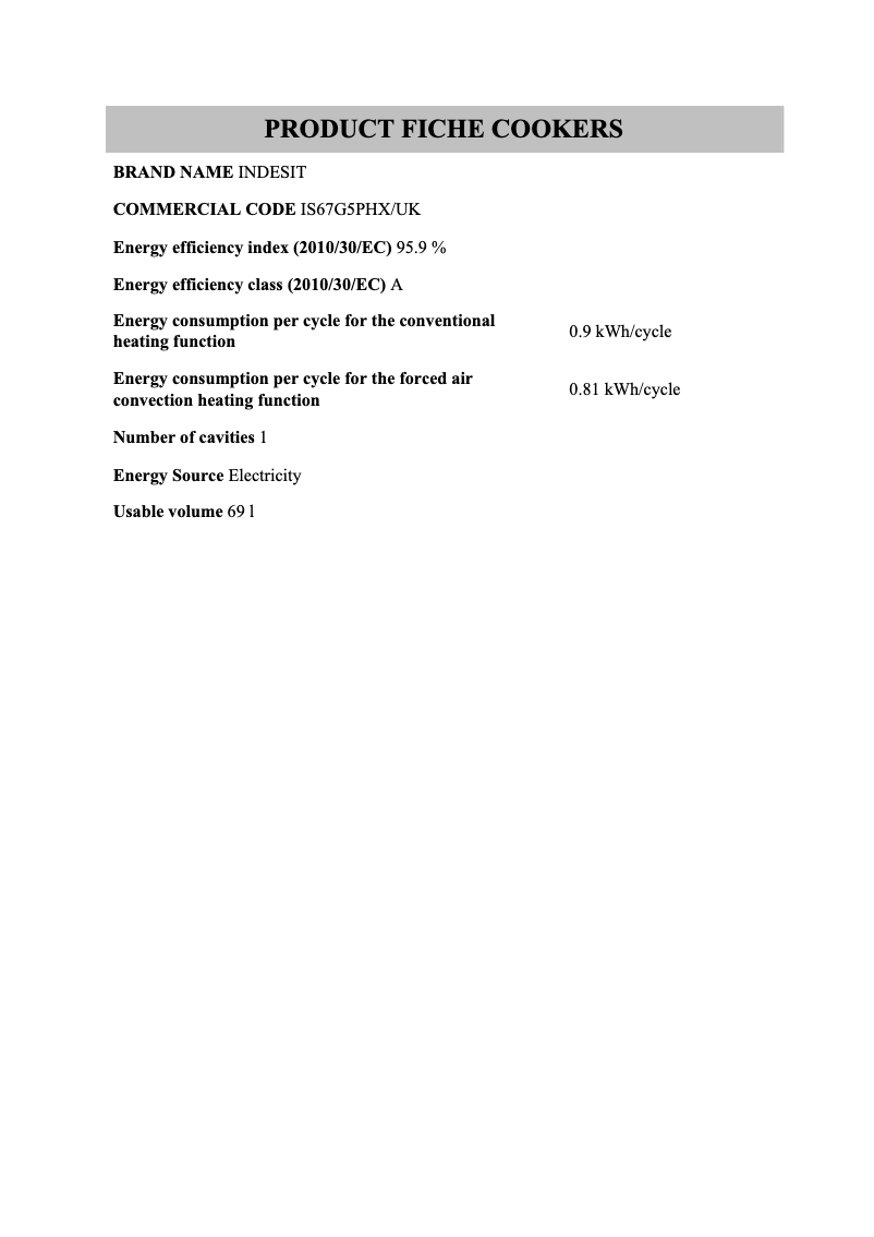Page n°1 - Fiche technique Indesit IS67G5PHX/UK
