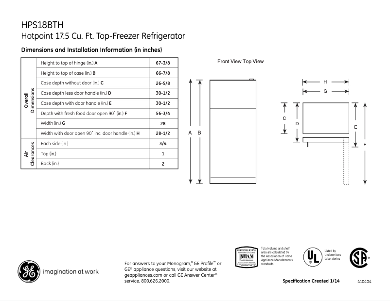 Page 1 de la notice Fiche technique GE HPS18BTHBB