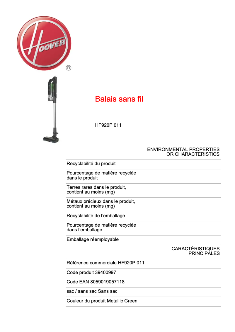 Page n°1 - Fiche technique Hoover HF920P 011