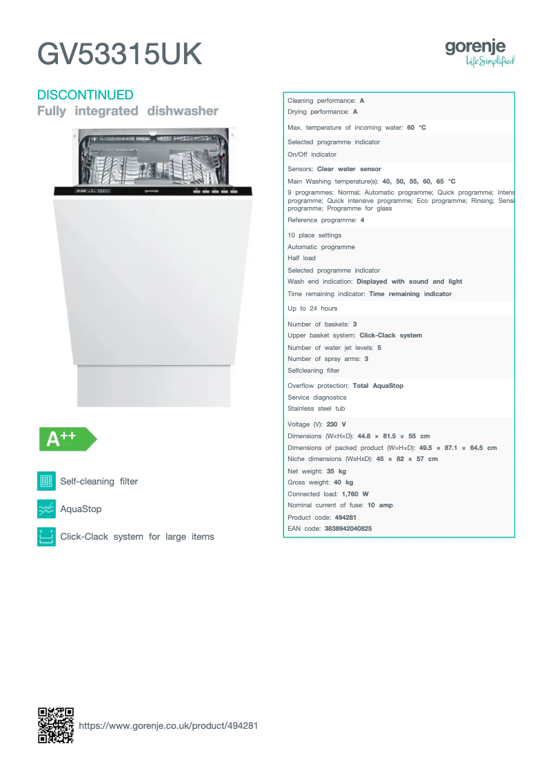 Page n°1 - Fiche technique Gorenje GV53315UK