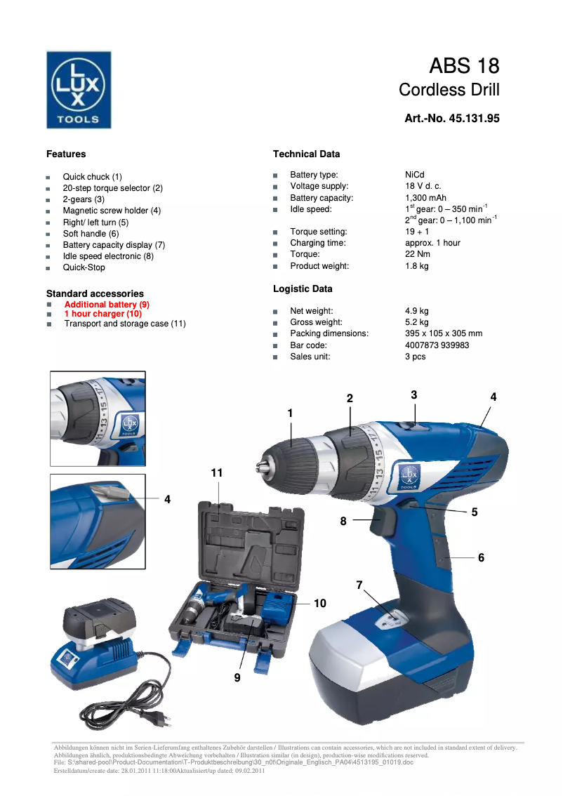 Page n°1 - Fiche technique LUX TOOLS ABS 18