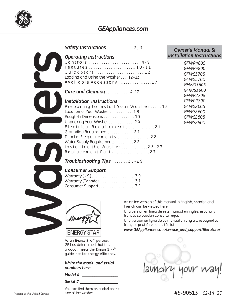 First page image of the manual for GFWR4805