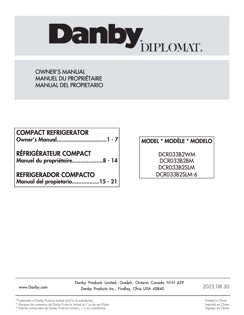 Page n°1 - Manuel utilisateur Danby DCR033B2BM