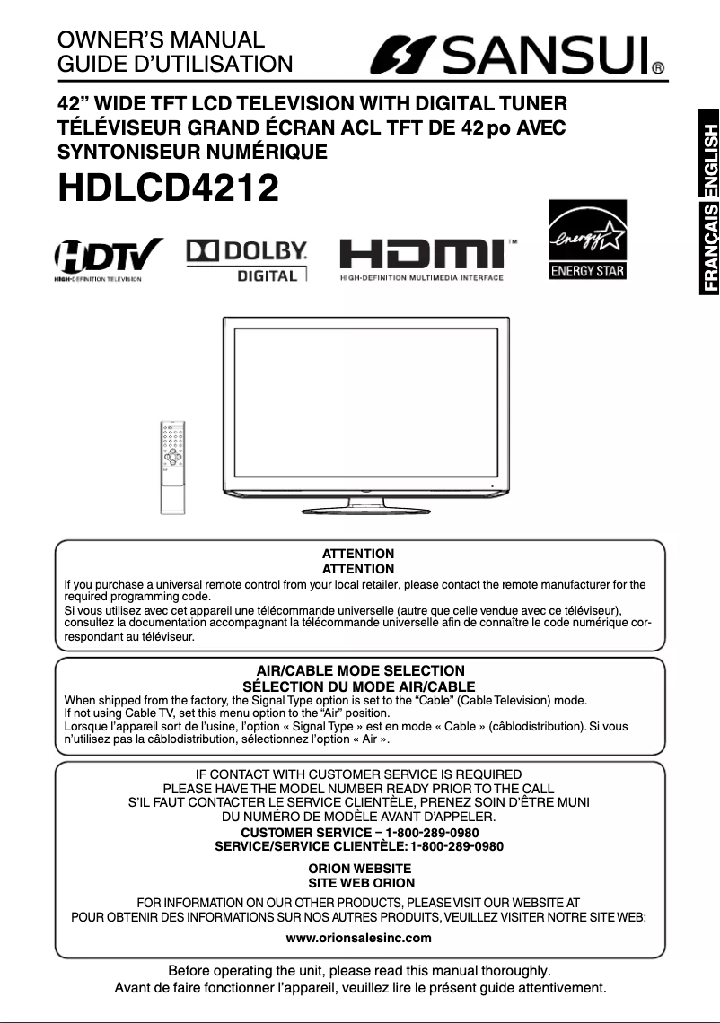 Image de la première page du manuel de l'appareil HDLCD4212
