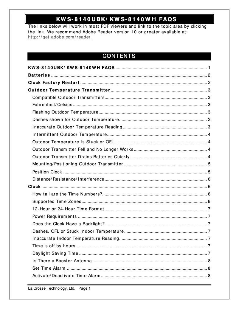 Page 1 de la notice FAQ La Crosse Technology KWS-8140-WH
