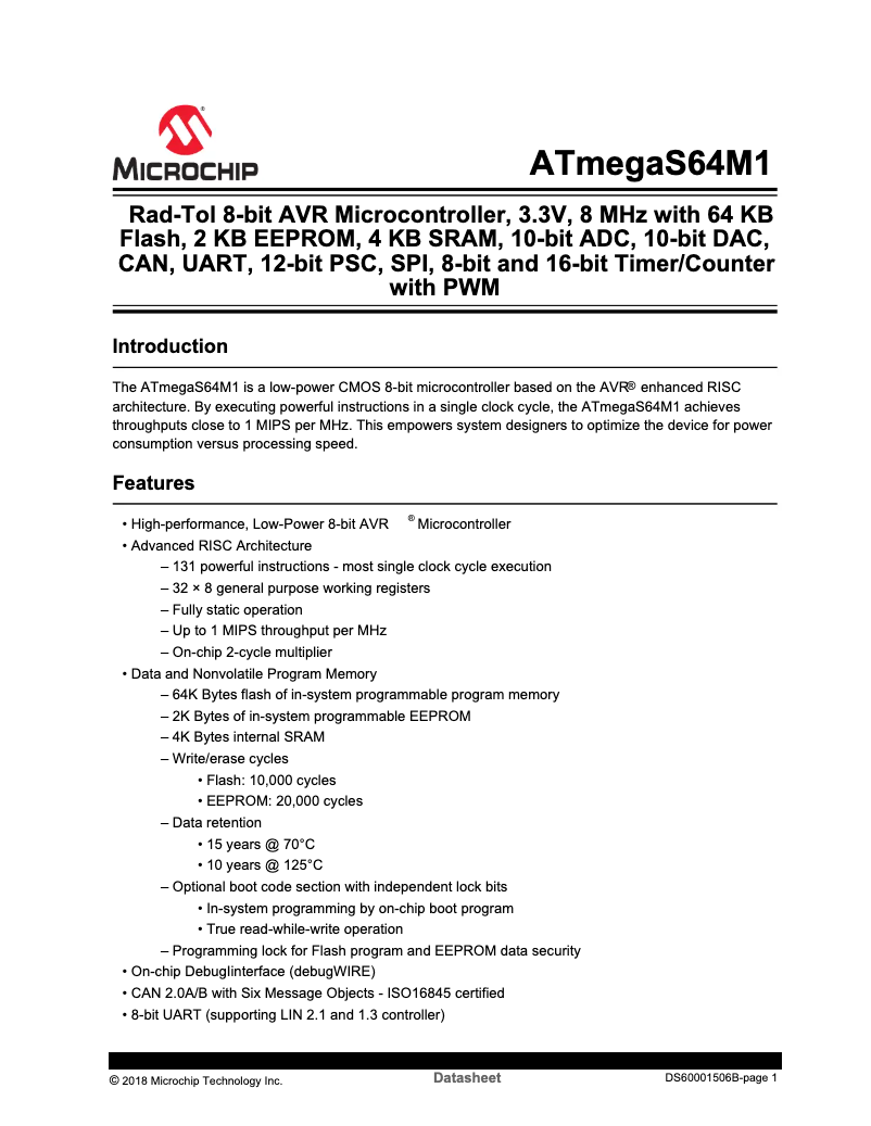 Página 1 del manual Ficha técnica Microchip ATmegaS64M1