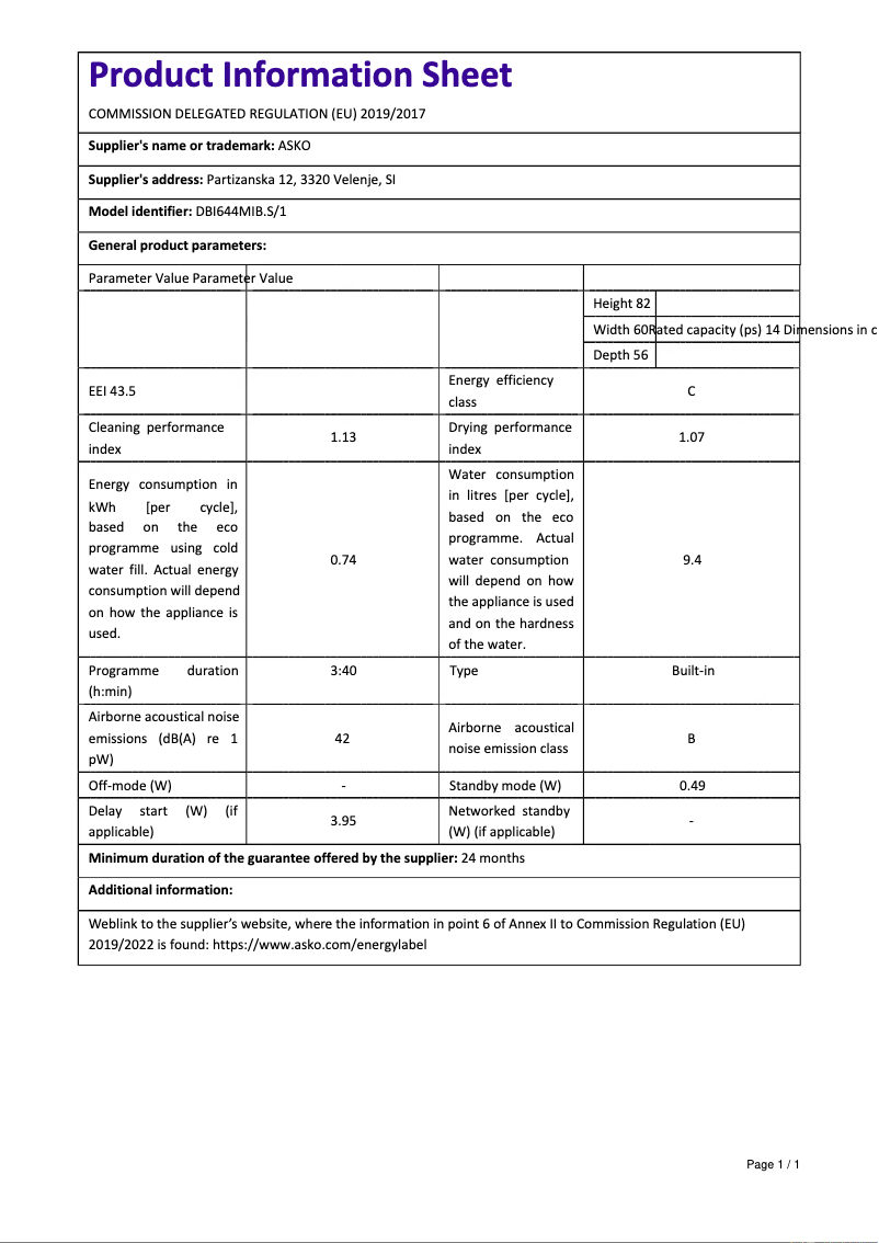 Page n°1 - Manuel utilisateur Asko DBI 644 MIB.S