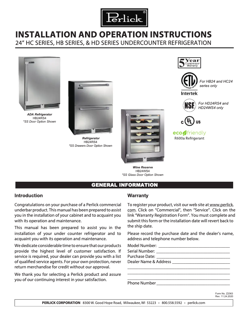 Page 1 de la notice Manuel utilisateur Perlick HC24WS-4