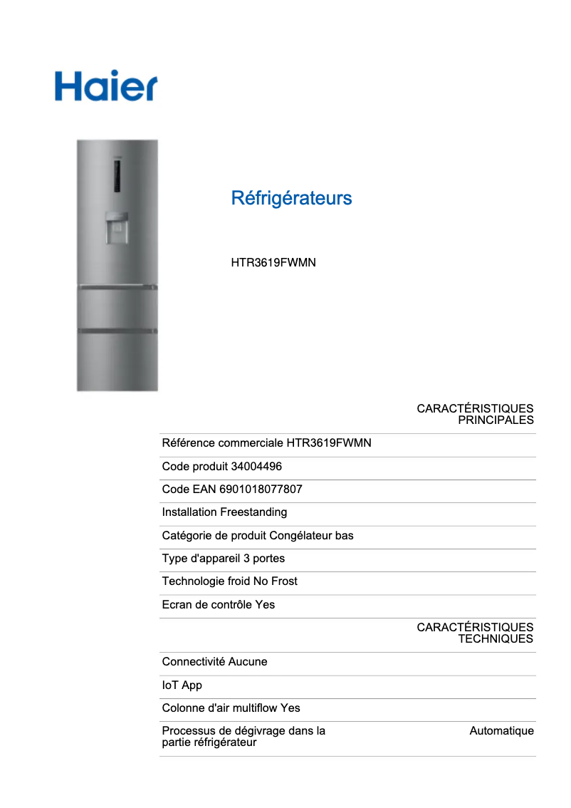 Page n°1 - Label énergétique Haier HTR3619FWMN
