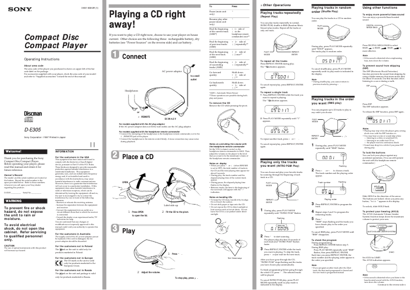 Page 1 de la notice Manuel utilisateur Sony D-E305