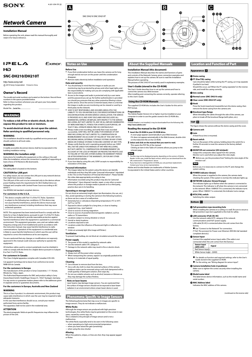 Page 1 de la notice Mode d'emploi Sony SNC-DH210