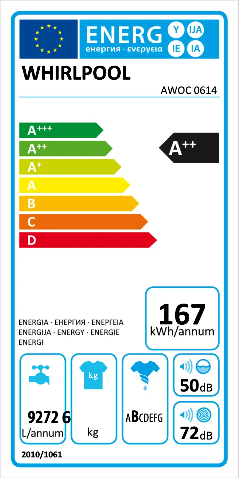Page 1 de la notice Label énergétique Whirlpool AWOC 0614