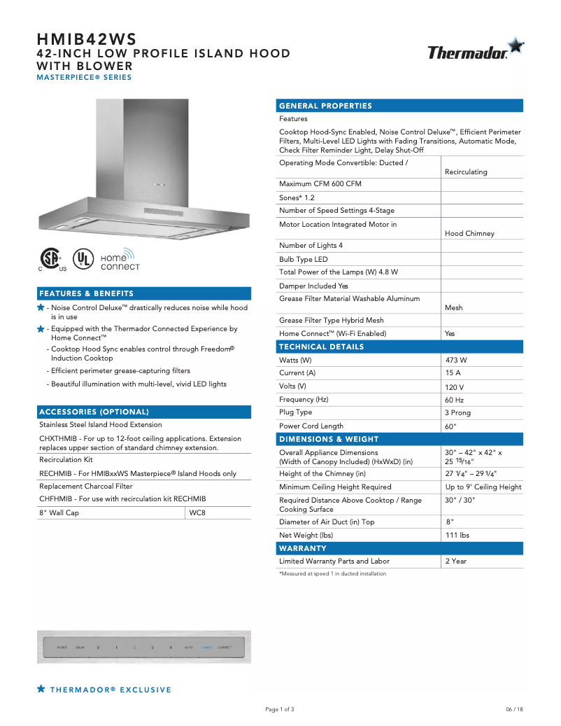 Page 1 de la notice Fiche technique Thermador HMIB42WS