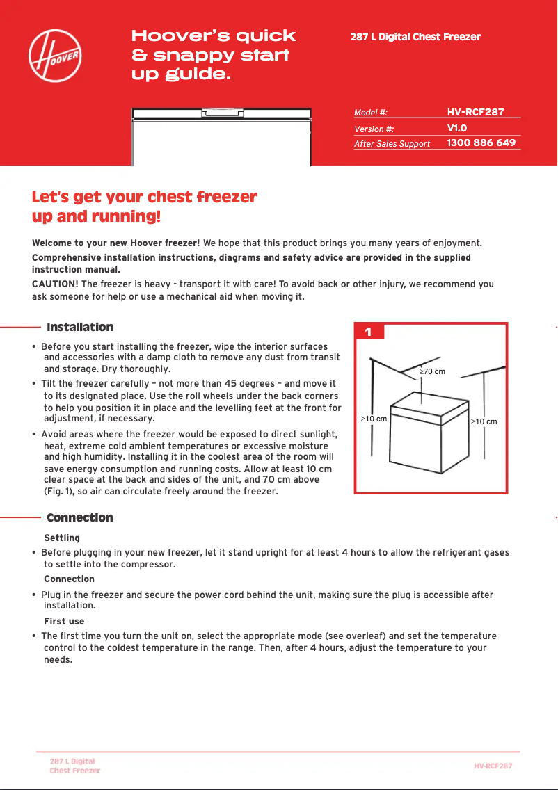 Page 1 de la notice Guide de démarrage rapide Hoover HV-RCF287