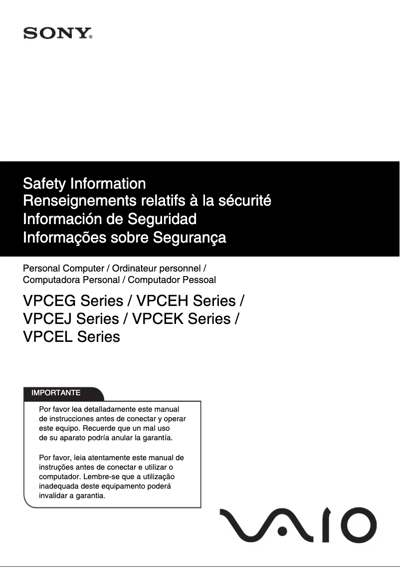 Página 1 del manual Instrucciones de seguridad Sony Vaio VPCEG3PFX