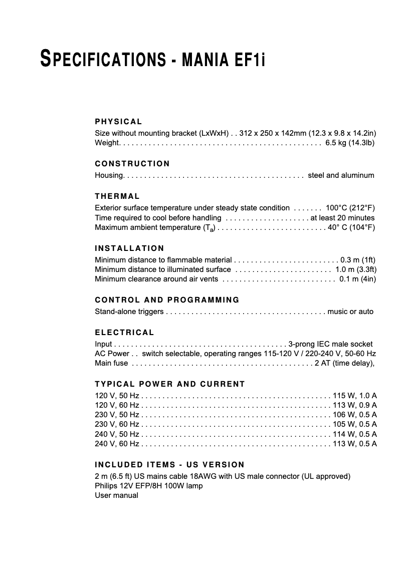 Page 1 de la notice Fiche technique Martin Mania EF1i