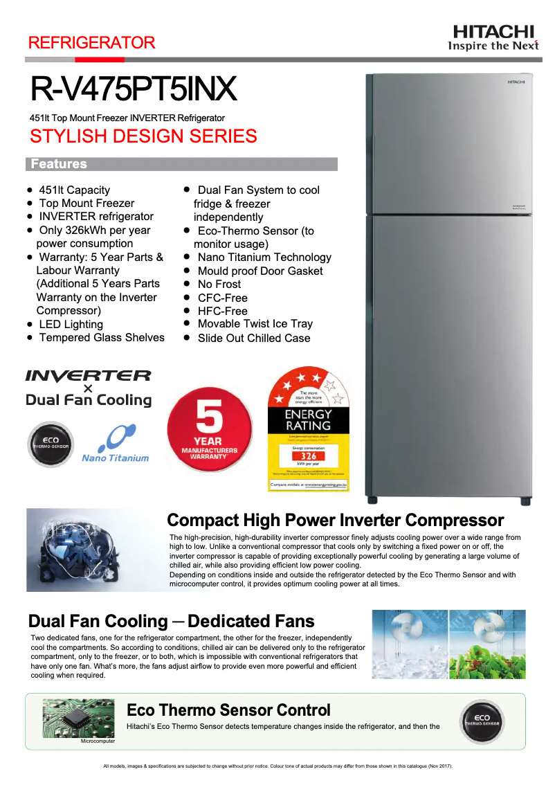 Page 1 de la notice Fiche technique Hitachi R-V475PT5INX