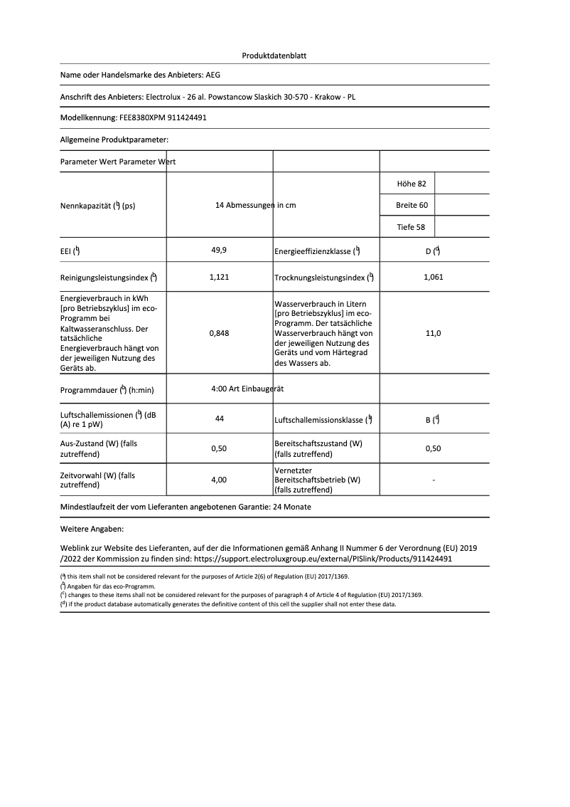 Page 1 de la notice Fiche technique AEG FEE8380XPM