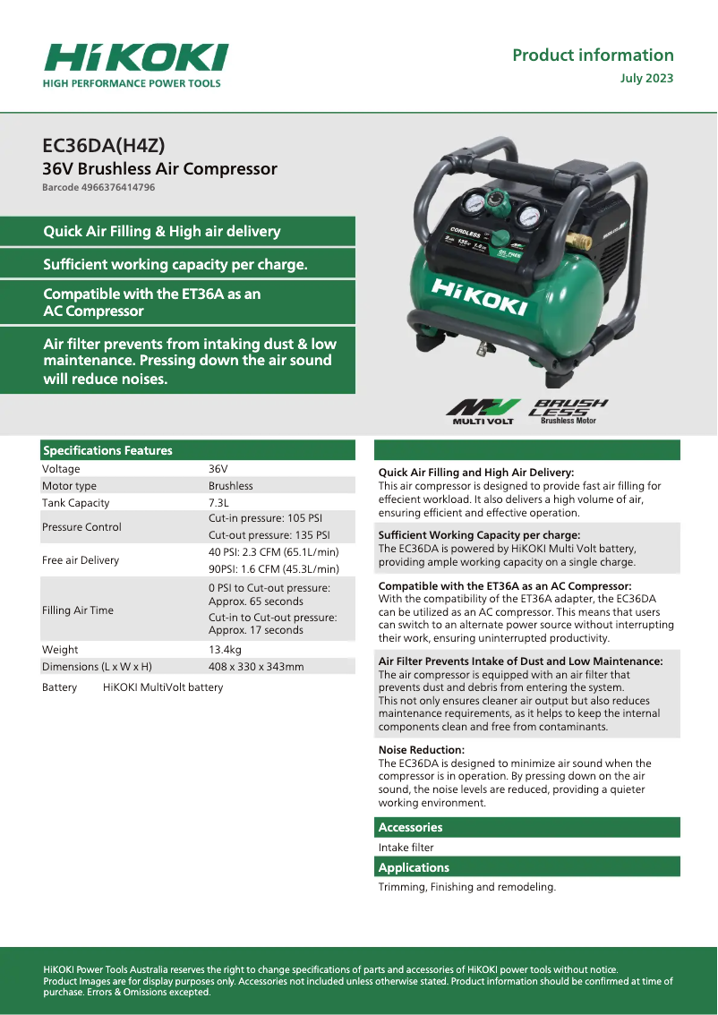 Page 1 de la notice Fiche technique HiKOKI EC36DA