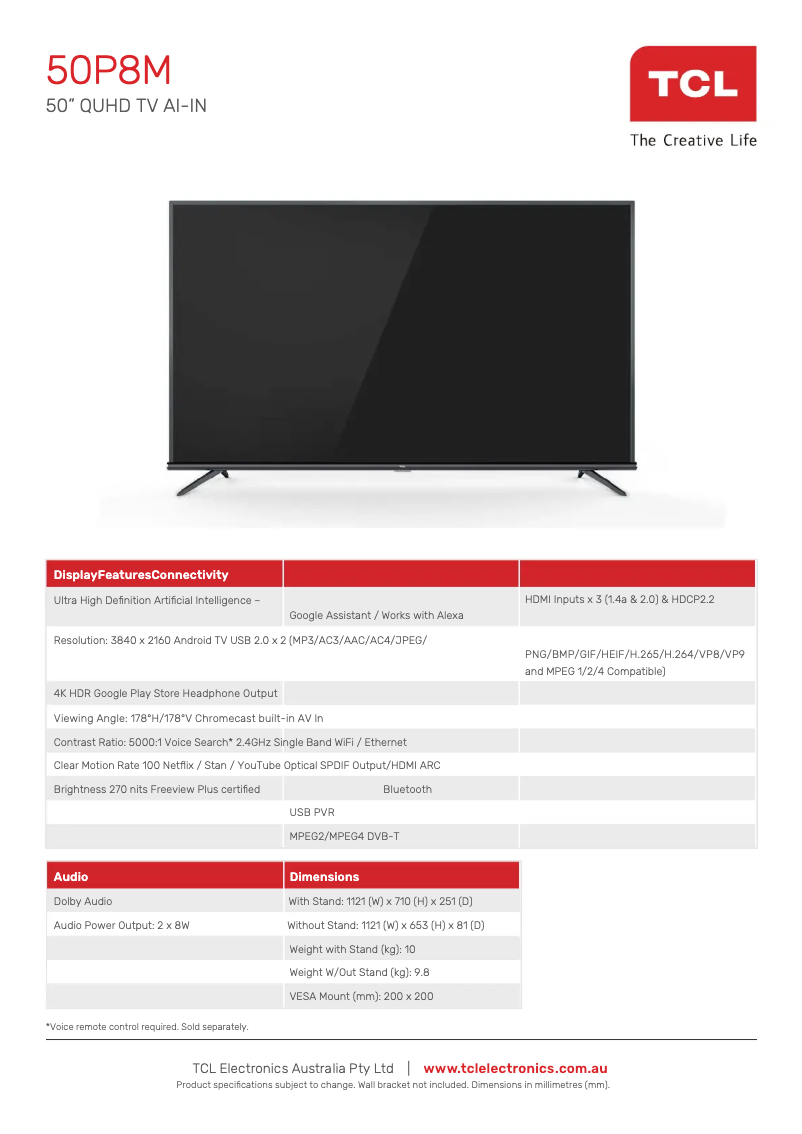 Página 1 del manual Ficha técnica TCL 50P8M