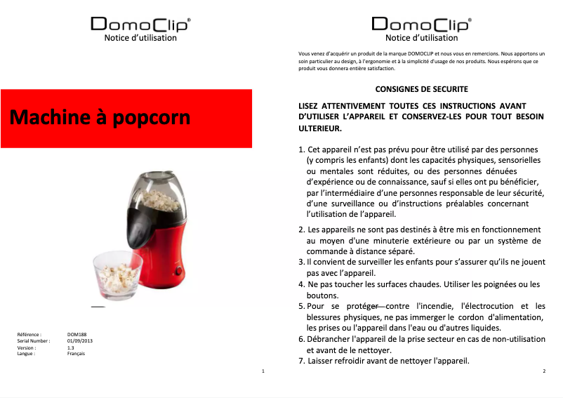 Page 1 de la notice Manuel utilisateur Domoclip DOM188
