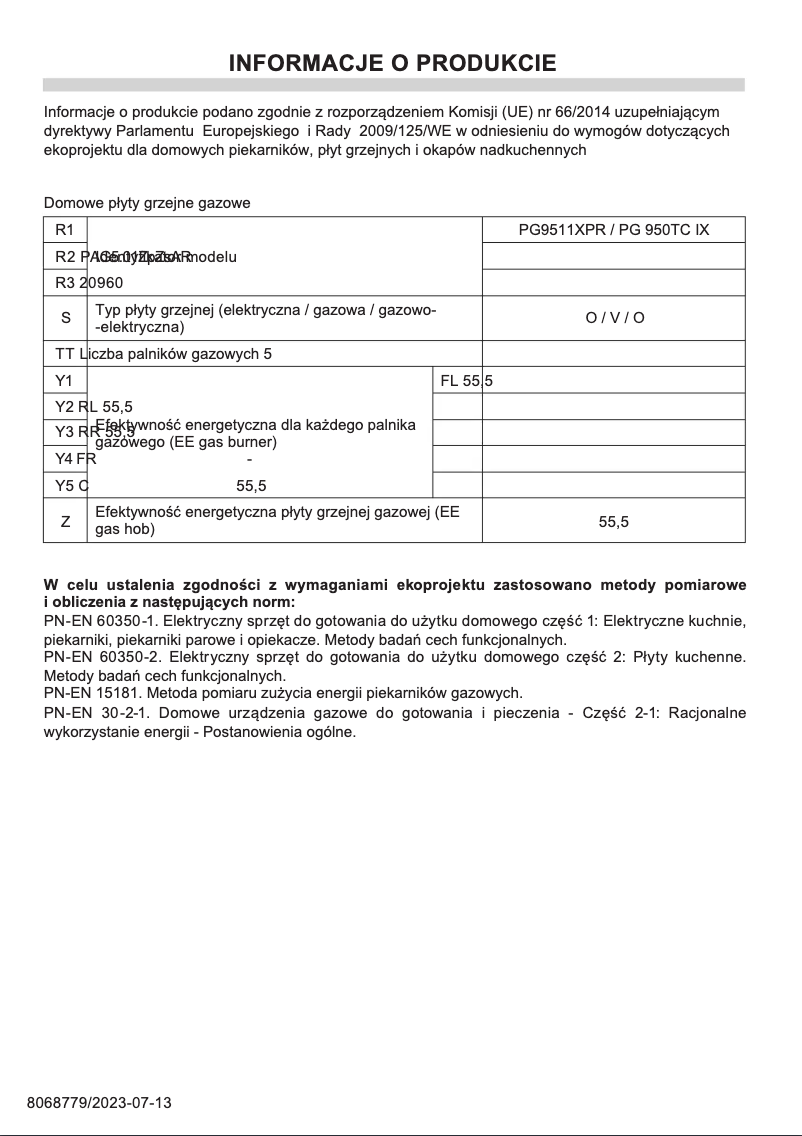 Page n°1 - Fiche technique Amica PG9511XPR