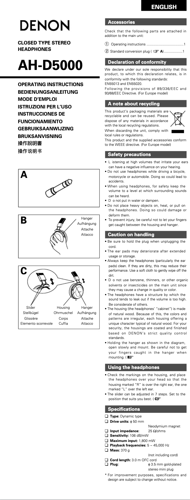 Page 1 of the manual User Manual Denon AH-D5000