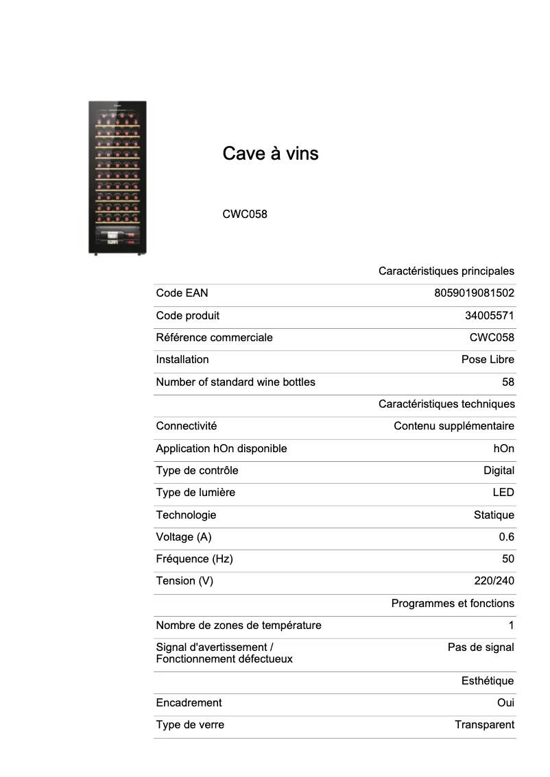 Page 1 de la notice Fiche technique Candy CWC058