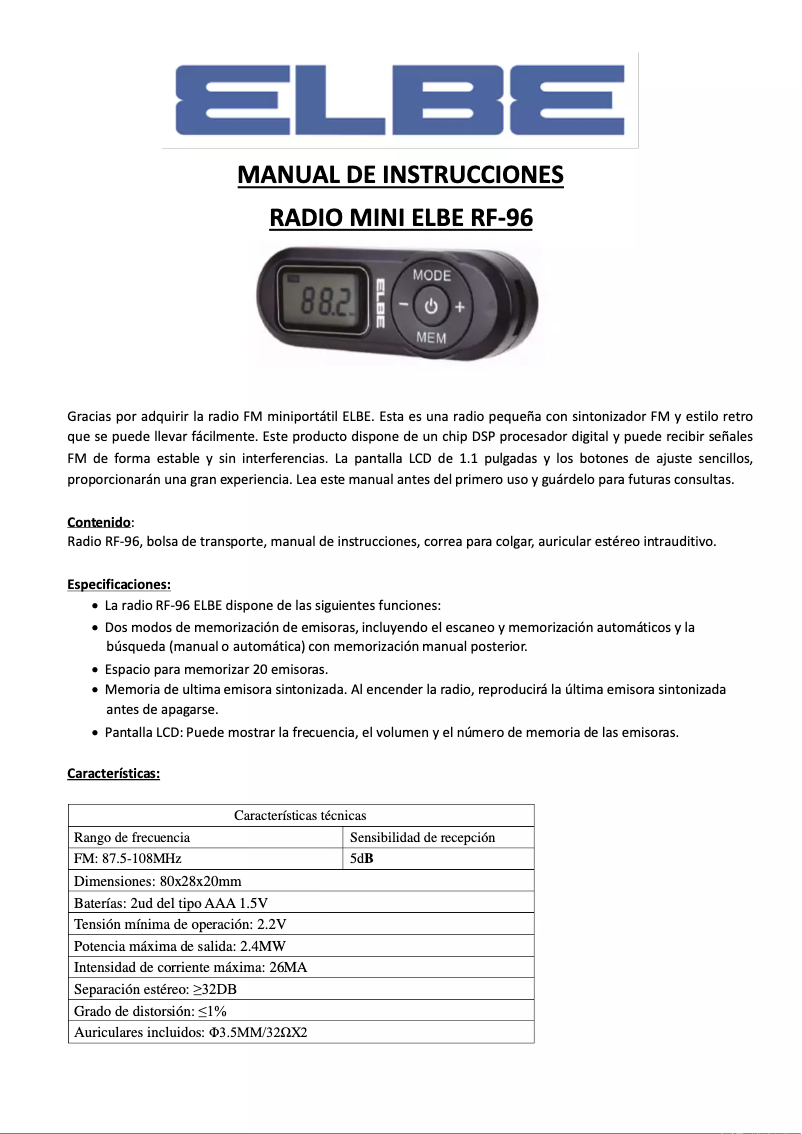Page 1 de la notice Manuel utilisateur ELBE RF-96