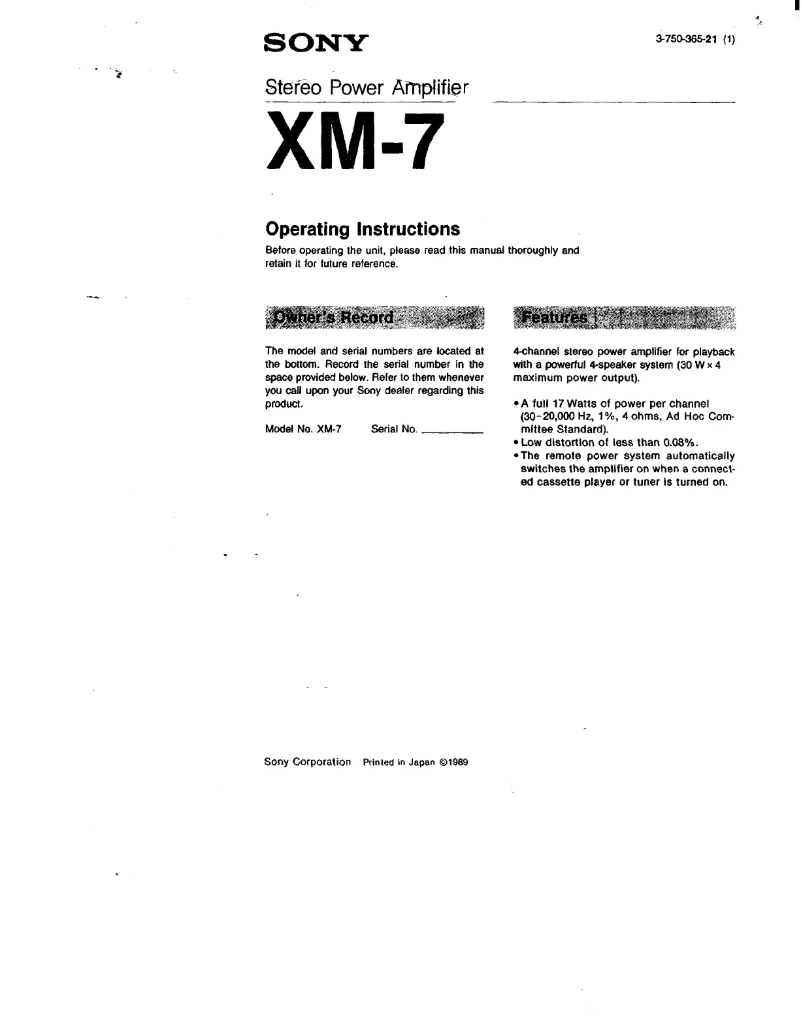 Page 1 de la notice Manuel utilisateur Sony XM-7