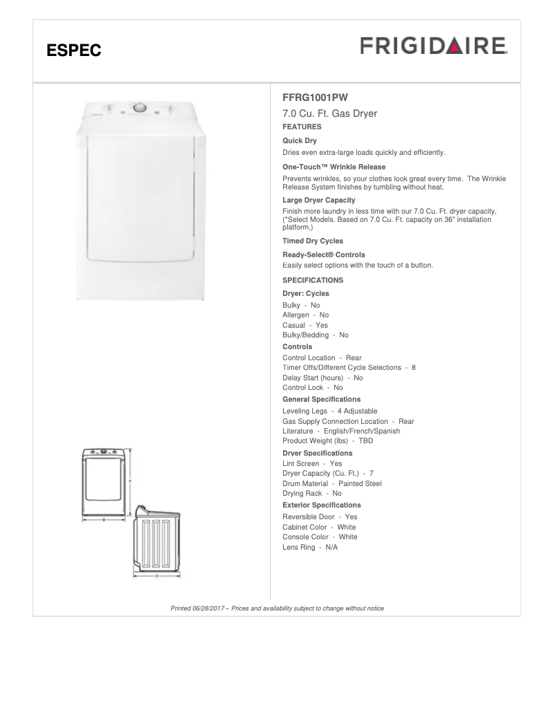 Page 1 de la notice Fiche technique Electrolux FFRE4120S