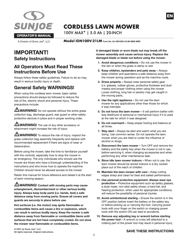 Page 1 de la notice Manuel utilisateur Sun Joe ION100V-21LM
