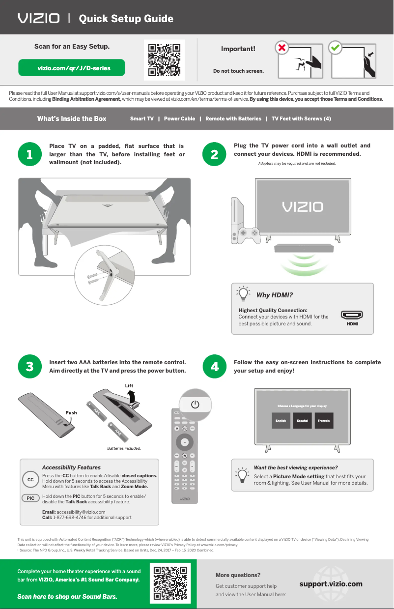 Page 1 de la notice Guide de démarrage rapide VIZIO D32h-J04
