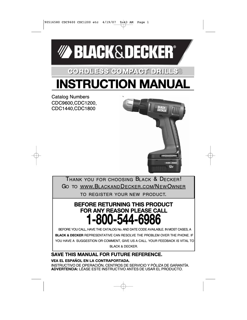 Page 1 de la notice Manuel utilisateur Black & Decker CDC120ASB
