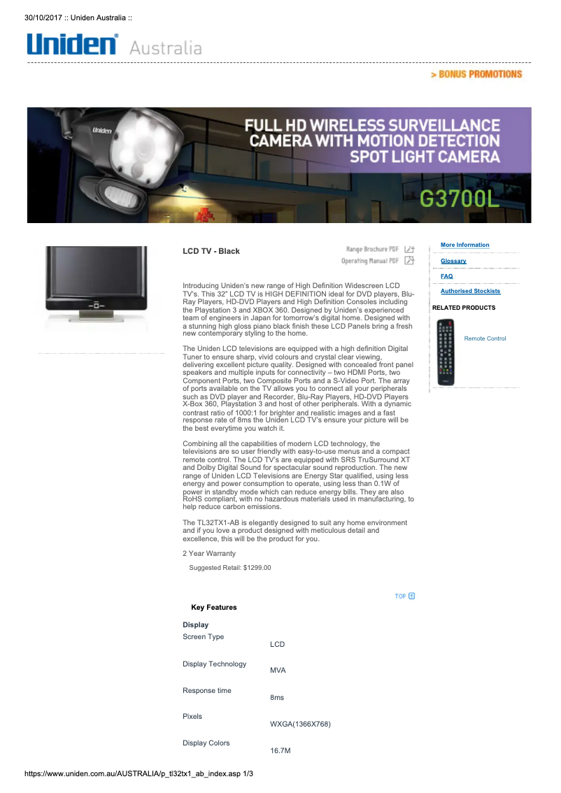 Page n°1 - Manuel utilisateur Uniden TL32TX1-AB